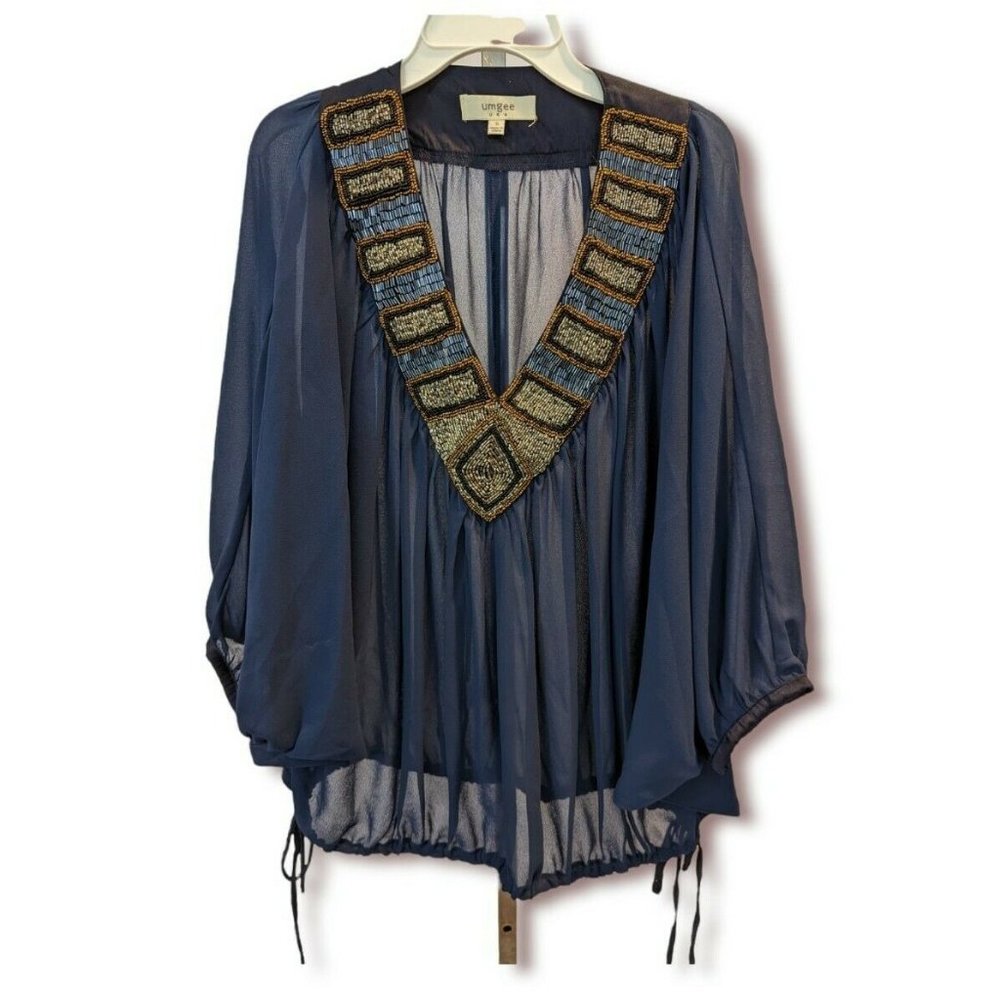 Umgee Sheer Beaded Dolman Sleeve Navy Blue Size S Blouse V-Neck